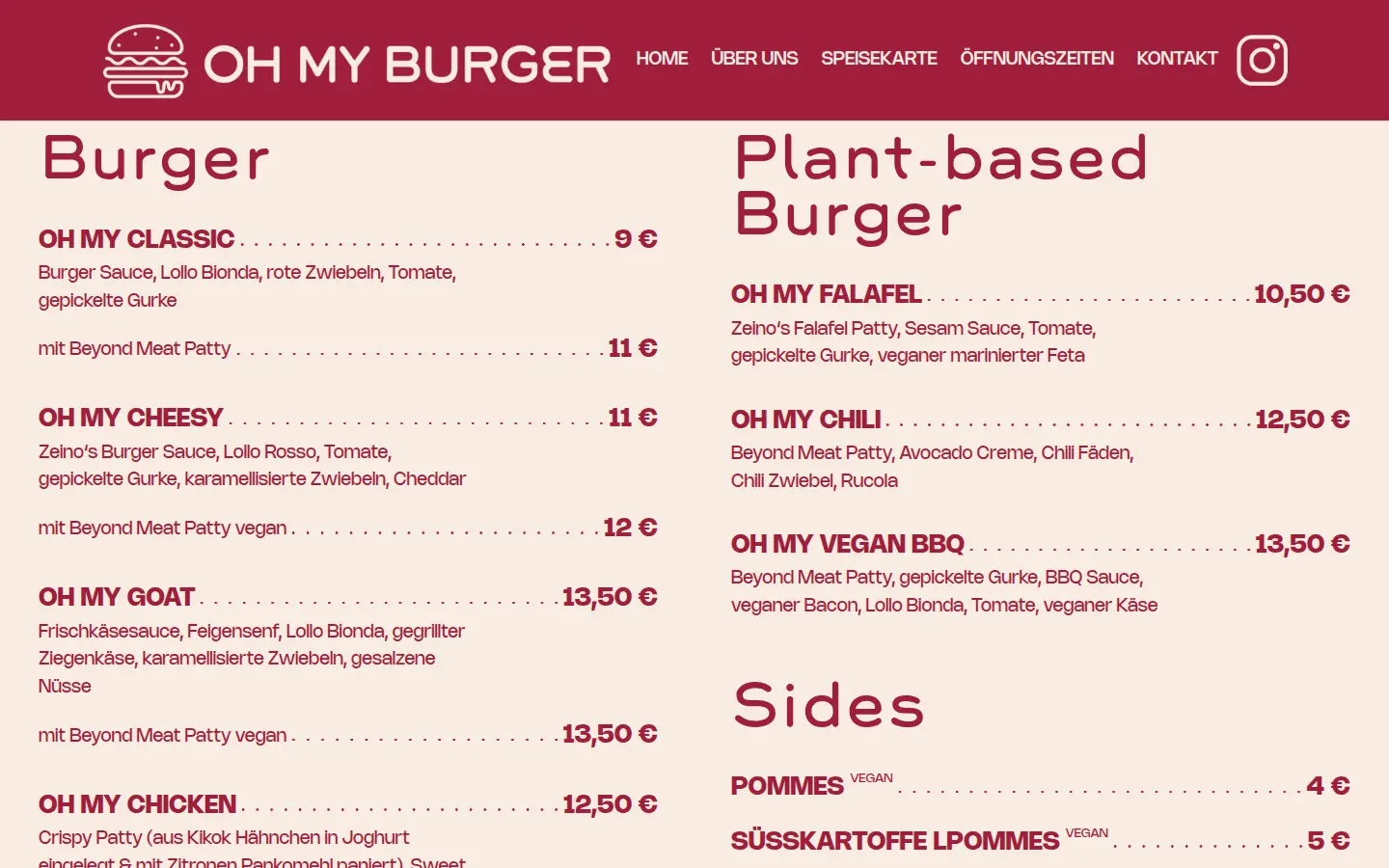 Speisekarte mit Preisen, Zutaten und Varianten mit Beyond-Meat-Patty