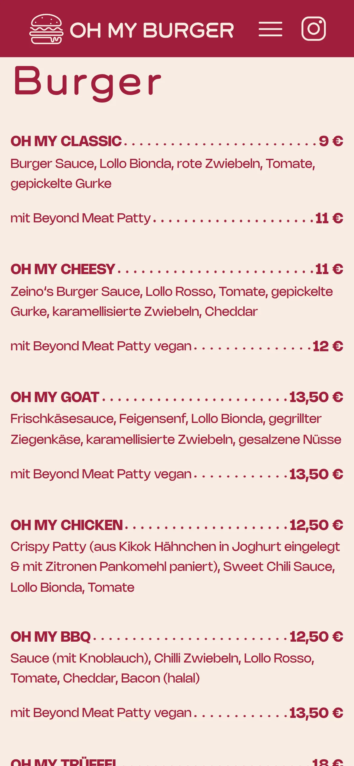 Speisekarte mit Preisen, Zutaten und Varianten mit Beyond-Meat-Patty (Handy)