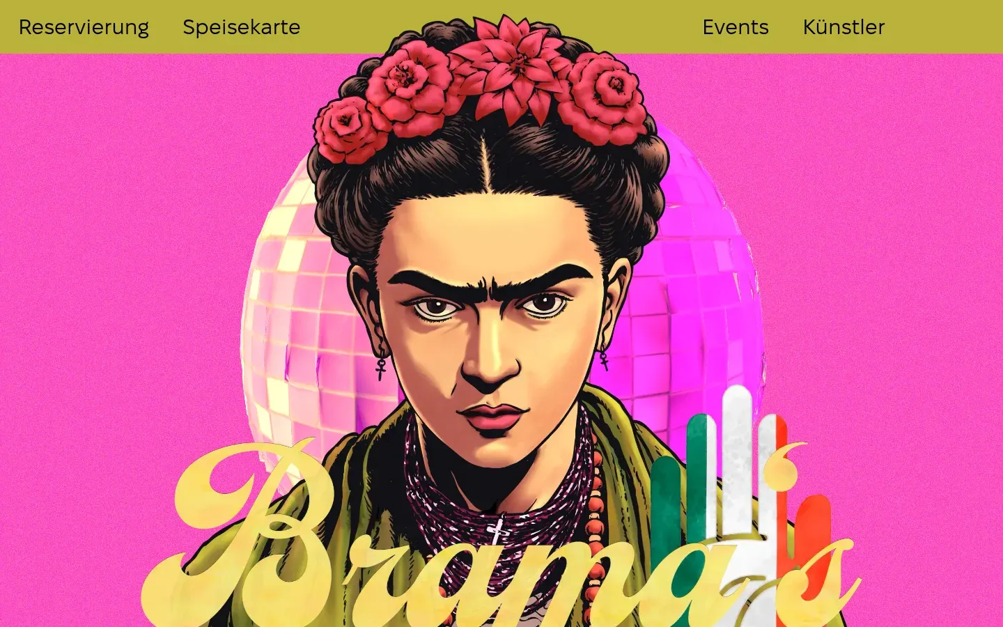 Startseite mit Frida-Illustration und rosa Discokugel in 3D