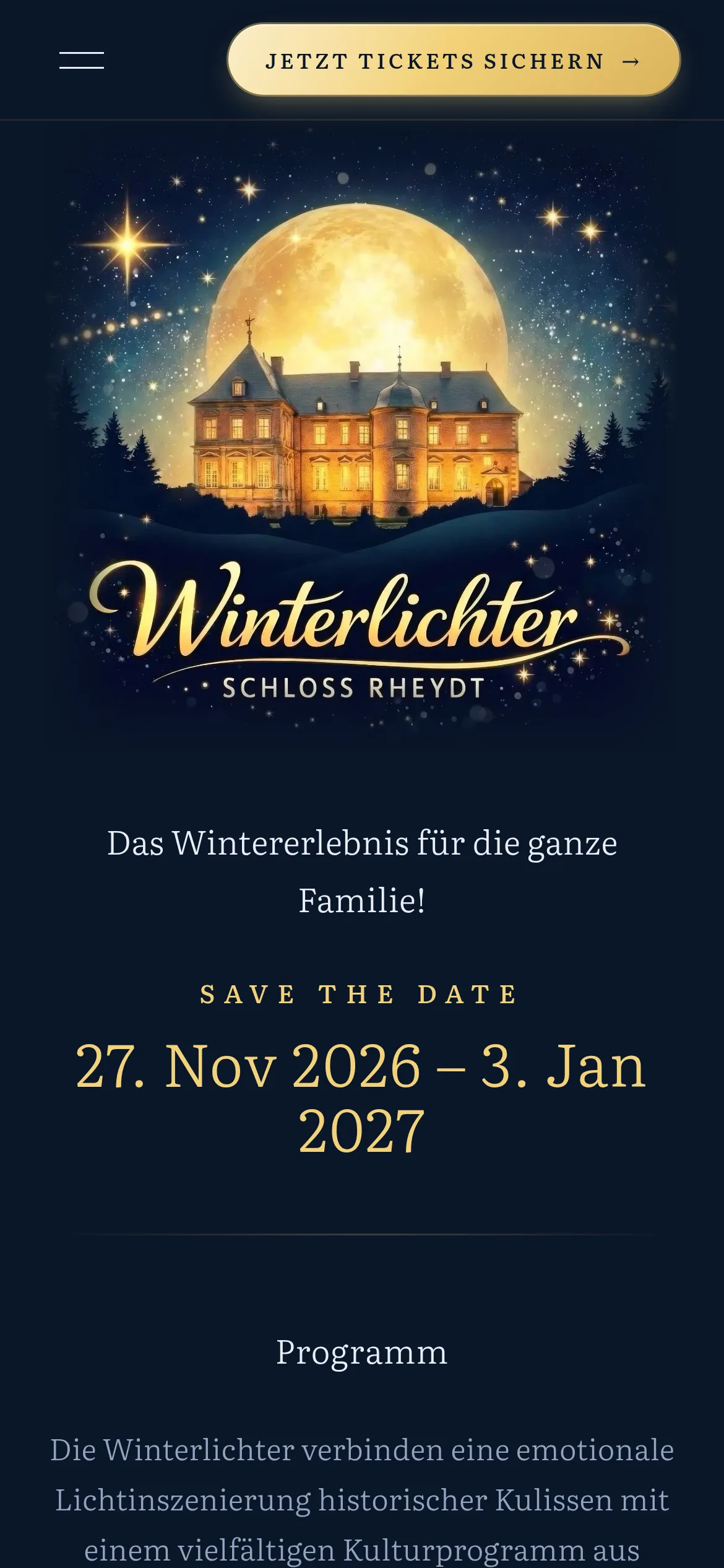 Startseite der Winterlichter mit Ticket-Button im Kopf (Handy)