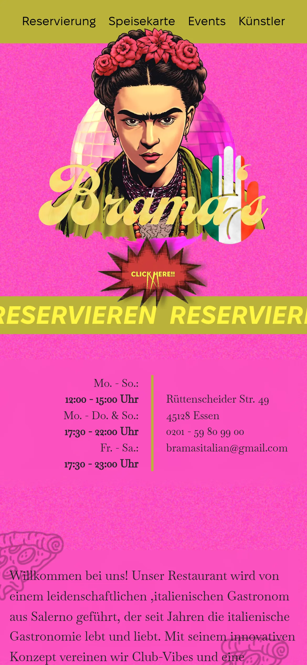 Startseite mit Frida-Illustration und rosa Discokugel in 3D (Handy)