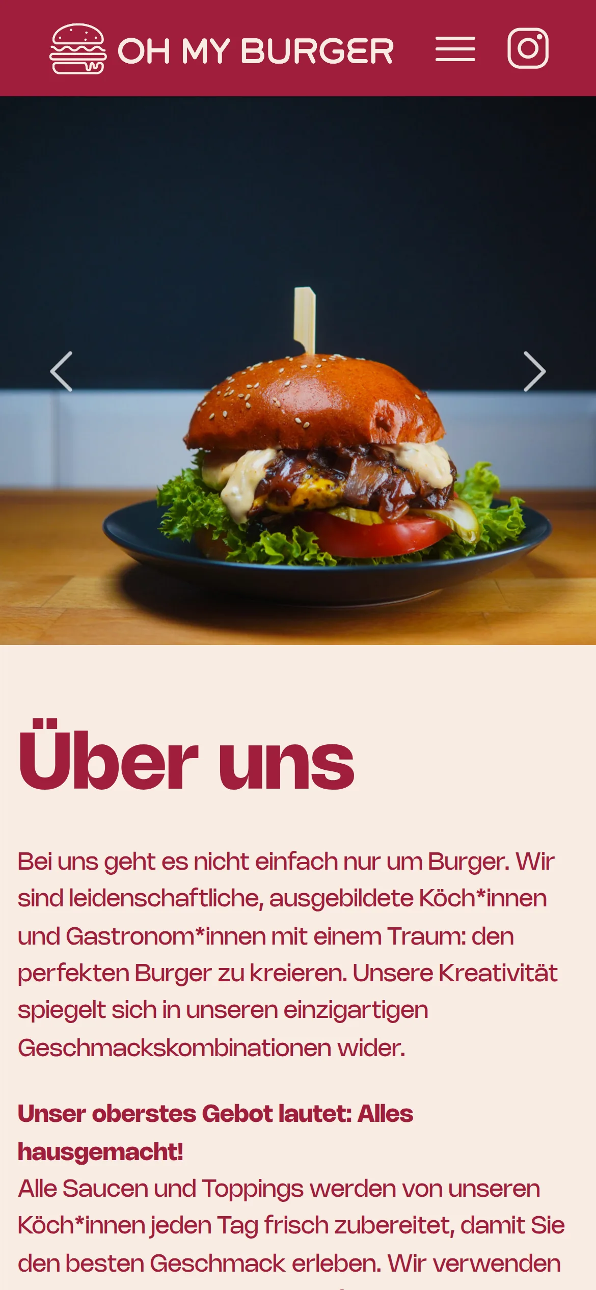 Startseite mit Bildergalerie und den Texten über das Restaurant (Handy)